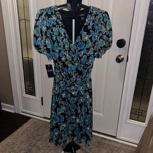 Chaps Black and Teal Floral Midi Dress